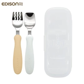 日本Edison 嬰幼兒不鏽鋼學習匙叉套裝(附收納盒)-啡/白