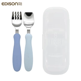 日本Edison 嬰幼兒不鏽鋼學習匙叉套裝(附收納盒)-天藍/淺藍
