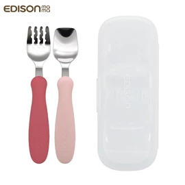 日本Edison 嬰幼兒不鏽鋼學習匙叉套裝(附收納盒)-玫紅/粉紅