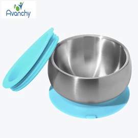 Avanchy 不銹鋼嬰兒吸盤碗連蓋-藍色