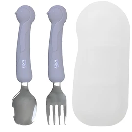 韓國tgm 嬰幼兒矽膠不銹鋼餐具連收納盒-企鵝 灰藍色