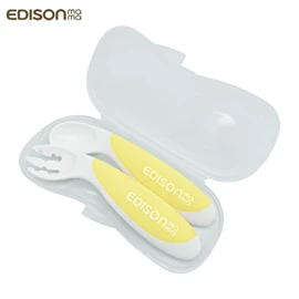 日本Edison 嬰幼兒防滑易握學習匙叉套裝(附收納盒)-右手 黃色