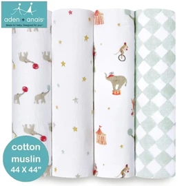 美國Aden+Anais 嬰兒包巾(棉紗布)–44"X44" 4條裝 Elephant Circus