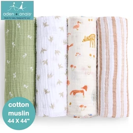 美國Aden+Anais 嬰兒包巾(棉紗布)–44"X44" 4條裝 Sage Woodland
